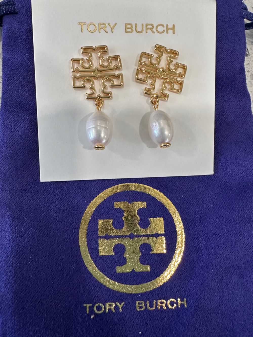Tory Burch Gold Logo Drop Earrings with Iridescent White Pearl Drops
